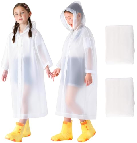 WOHSEROM 2 Pack Rain Ponchos for Kids Reusable,Thickened EVA Travel Raincoat Jacket with Hoods and Sleeves,Lightweight White Capes Ponchos for Boys and Girls Spring Outing Outdoor Travel