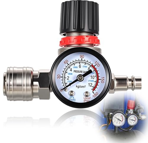 Regulateur de Pression d Air Compresseur 1/4, Régulateur de Pression d'Airs 1/4 avec Manomètres et Vanne de Régulation d'Air Admission maximale de 175 PSI pour outils pneumatiques(4 trous)