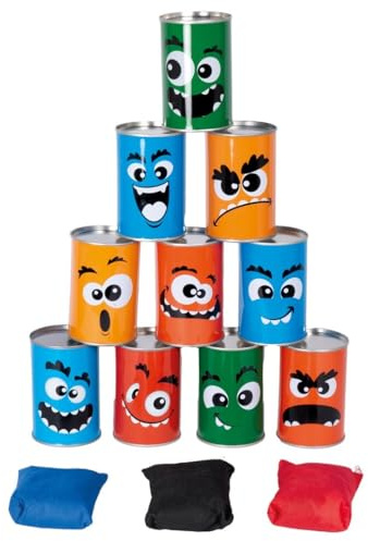 P’TIT Clown - Dosenwerfen Spiel - Geschicklichkeitsspiel für Kinder und Erwachsene - mit 10 Dosen und 3 Wurfsäckchen - Animation für Geburtstag, Kirmes, Outdoor-Party, Garten, Innenbereich