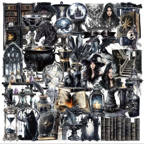 Radiella 100 Stück Schwarze Magie Hexe Aufkleber, Vintage Gothic Sticker, Dark Romance Aufkleber Deko, Aesthetic PET Wasserfeste Graffiti Decals für Kindle Laptop Scrapbook Journal