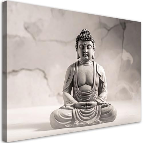 Feeby Leinwand Bilder - Bild Wohnzimmer - Meditierender Buddha Zen-Spa beige - 60x40 1tlg - Deko Schlafzimmer Groß - Dekoration Canvas - Gemälde - Modern Wandbilder - Kunstdruck