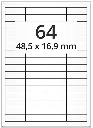 Wetterfeste Folienetiketten auf A4 Bogen, weiß - 48,5 x 16,9 mm - 6.400 Polyester Etiketten auf 100 Blatt, selbstklebende PET Aufkleber, matt