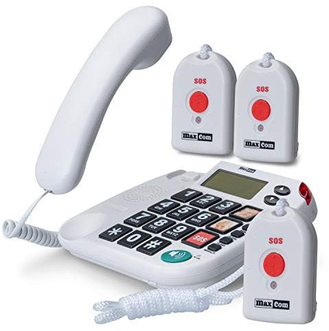 Maxcom KXTSOS: Seniorentelefon mit Funk-Notruf-Sender, schnurgebundenes Festnetztelefon mit 3 Umhängesendern, großen Tasten, Adapterstecker, hörgerätekompatibel
