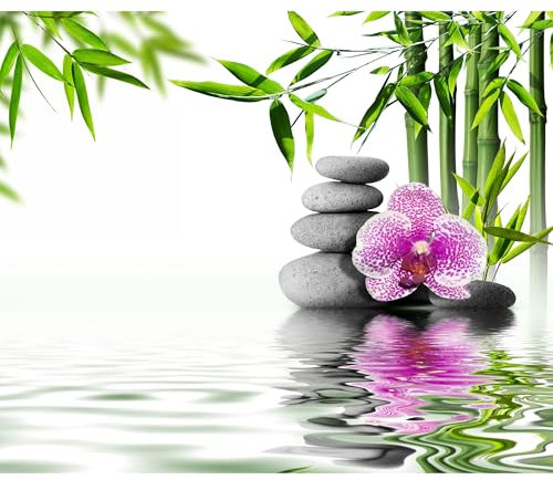 decomonkey - Papier Peint Panoramique Orchidée 400x280 cm - Décoration murale moderne – Tapisserie décorative pour chambre salon - Pierre fleurs nature orienter les plantes l'eau zen