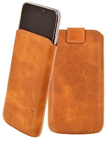 Suncase ECHT Leder Tasche kompatibel mit iPhone 11 (6.1) mit ZUSÄTZLICHER Transparent Hülle | Schale | Silikon Bumper Handytasche (mit Rückzugsfunktion und Magnetverschluss) in antik Cognac