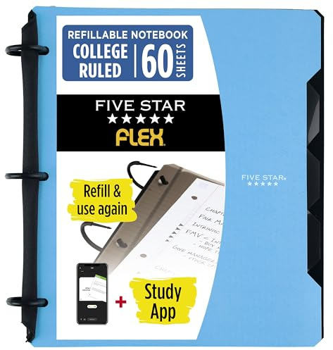 Five Star Flex 293280AD2 - Taccuino ricaricabile + app per lo studio, carta a righe e raccoglitore ad anelli TechLock da 2,5 cm, con tasche, linguette e divisori, capacità 200 fogli, colore: blu