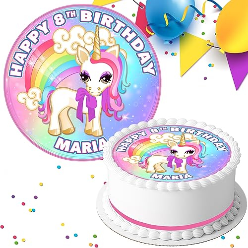 Rainbow Unicorn Happy Birthday Personalised 7.5 INCH Edible Icing Cake Topper Decoration PK-249
