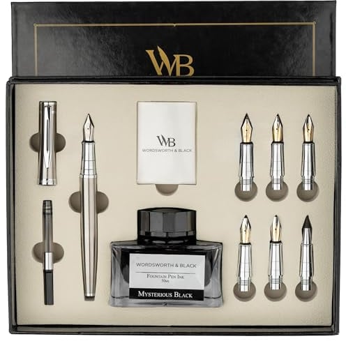 Wordsworth & Black Kalligraphie-Stift-Geschenkset, enthält Tintenflasche, 6 Tintenpatronen, 1 Tintennachfüllkonverter, 6 Ersatzfedern, Premium-Paket, Journaling, glatte Schreibstifte [Silber Chrom]