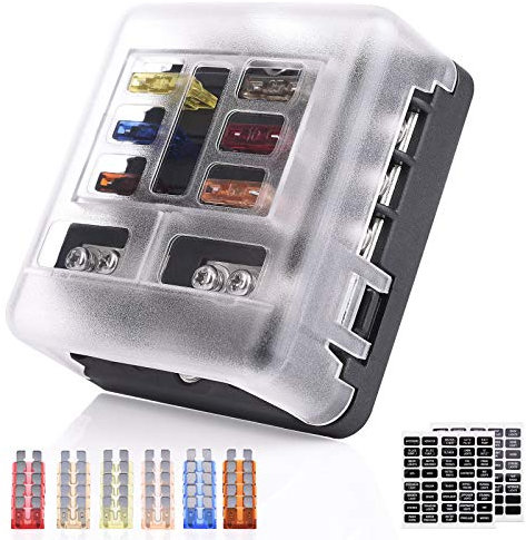 MICTUNING 6-Way Fuse Block Holder-Blade Fuse Box Screw Nut Terminal with Negative Bus,7.5A 5A 10A 15A 20A 25A Fuses,LED Indicator,Sticker Labels for Automotive Car Marine Box