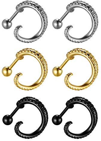 Flongo Ohrstecker Knopf Krake Gestüt Stecker Ohrringe Ohrhänger Fake Tunnel Fake Plug Illusion Fakeplugs Schwarz Silber Gold Elegant Herren, Damen Ohrschmuck 3 Paar Set