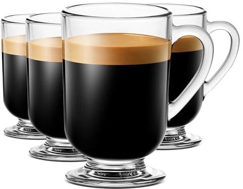 LUXU Irish Glass Coffee Mugs Set of 4,Latte Cups,Clear Coffee Mug 10.5 OZ, Glass Mugs With Handles for Hot Beverages, Clear Mug for Tea, Cappuccino, Latte,Juice,Milk, Hot Chocolate Mugs