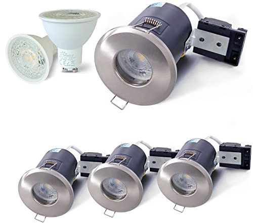 4XSweier 90 Minute Fire Rated LED Spotlights,5W 3000K Warm White IP65 Waterproof Bathroom LED Recessed Ceiling Lights,230V GU10 Downlight,Cut-Out 75mm. Satin Nickel(Non-dimmable)