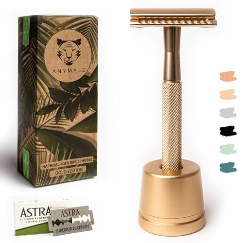 ANYMALE® Rasierhobel Gold Edition - Damen Set mit Ständer 5 Klingen und Reiseschutz - Plastikfreier Rasierer aus Metall