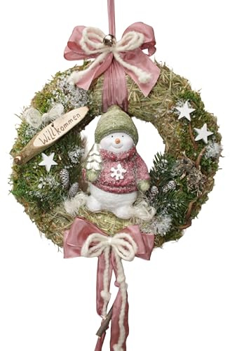 Türkranz Winter D32 Schneemann mit Mütze und Baum rosa Brombeere | für Tür und Wand, Handgefertigt in Deutschland, Mit Schleife und Willkommen-Schild