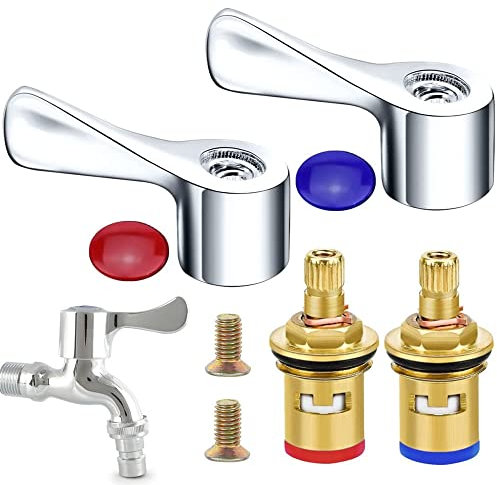 2 Sets Quarter Turn Tap Valves Cartridges with Metal Lever Heads Universal 1/2 Replacement Tap Valves Brass Ceramic Disc Cartridges Insert Set for Kitchen Bathroom Faucet Bid Tap - Chrome Plated