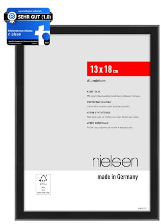 nielsen Bilderrahmen, 13 x 18 cm, Aluminium, Schwarz matt, Fotorahmen zum Auftstellen im Hoch- & Querformat, bruchsicheres Kunstglas, Atlanta