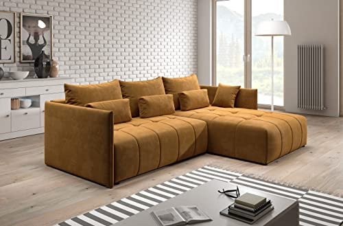Furnix Ecksofa Yalta mit Schlaffunktion und Bettkasten - Couch L-Form Sofa mit Kissen - Stellfüße in Chromoptik - B245 x H83 x T182 cm, Liegefläche: 147 x 232 cm - MH48 (Gold-Braun)