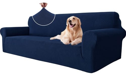 Ystyle Sofa überzug 4 Sitzer Mit Armlehne, Stretch Sofabezug rutschfest, Modern Sofa Cover Für Hunde Haustiere, Atmungsaktiv Couch überzug Mit Elastic Bottom, Dunkelblau