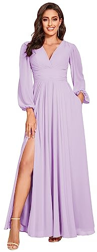 vintys VT001 - Vestido de dama de honor con cuello en V para mujer, manga larga, plisado, gasa, formal, vestido de fiesta de noche para boda, Lila, 12
