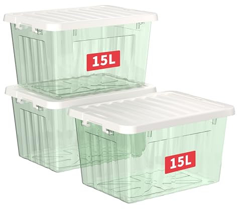Cetomo 15L*3 Storage Boxes with Lids, Plastic Storage Bins with Latching Buckles, Click Closure, Stackable, Nesting, Organizer for Home Office Clothes, Clear Green, 15L-3 Pack