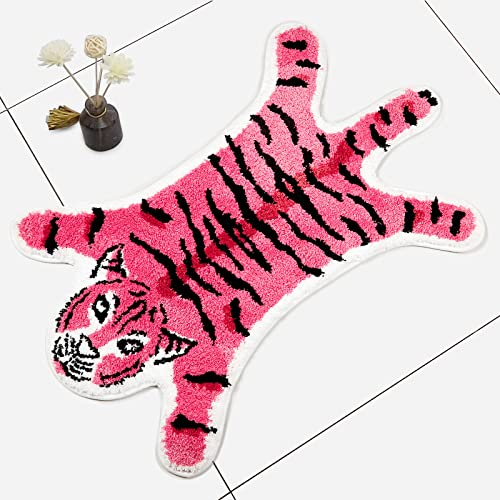 Tigerförmiger Teppich Badematte rosa Tiger Badezimmerteppich rutschfeste Fußmatte Tiere bedruckter Teppich kleine Heimdekoration Matte Spielmatte Badezimmer Duschteppich, 85,1 x 55,9 cm