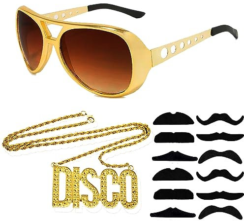 YOUYIKE 14 Stück Disco Kostüm, Goldkette Herren & Brille Gold Bart, 70er 80er 90er Hustler Rapper Hiphop Kostüm Bad Taste, für Halloween Fasching Karneval Cosplay Thema Party