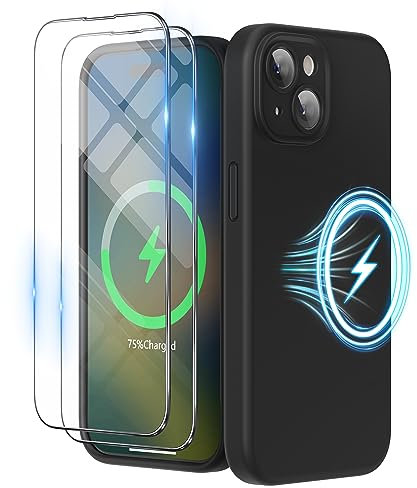 SURPHY Magnetic Case for iPhone 15 Plus Case with Screen Protector, Liquid Silicone Anti-Scratch Compatible with MagSafe Gel Rubber Phone Case for iPhone 15 Plus 6.7 inch, Black