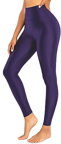Romastory Leggings da donna elastici lucidi pantaloni a vita alta splendenti leggings sportivi da allenamento collant, Viola, S