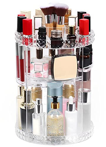 Makeup Organiser,3 Tiers Rotating Makeup Stand with Compartment 360° Rotating Display Case Clear Large Capacity Cosmetic Display Box for Dresser Bathroom Bedroom (A)