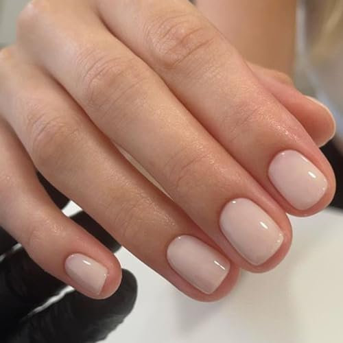 Ceboic 24Pcs Short Square False Nails Nude Pink Press on Nails French Pure Colour Fake Nails Kit Full Cover Acrylic Nails Tip Glossy Stick on Nails for Women Girls Nail Art Decorations
