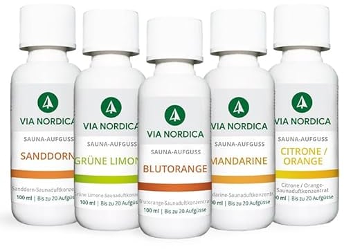 VIA NORDICA Saunaaufguss Set [AtemFrei-Komplex Formel] Saunadüfte & ätherische Öle - Tolles Saunaaufguss Probierset, Saunaöl Saunaduft Sauna-Zubehör Wellness Aufguss Duftöl - Set Frucht