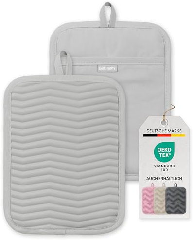 Bellphany 2er Set rutschfeste Silikon Topflappen - Design Topfhalter zum Kochen & Backen, hitzebeständig bis 250°C, Grau