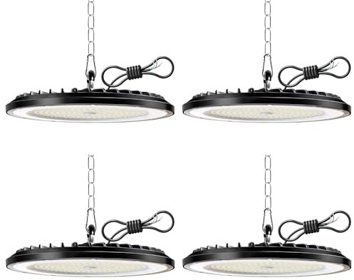 4 Pack 200W UFO Werkstattlampe LED, 30000LM 6000K Superhelle Werkstatt Deckenleuchte, IP65 Wasserdicht Werkstattleuchte, LED Lampe Werkstatt für Hallenbeleuchtung, Werkstattbeleuchtung, Fabriken