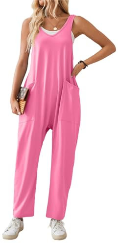 SotRong Casual Summer Jumpsuit for Women Uk Leisure Sleeveless V Neck Jersey Rompers Wide Leg Solid Harem Playsuits Baggy Loose Tank Overall with Pockets Light Pink M