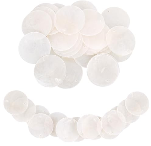 30 Stücke Muschel Perlmutt Scheiben mit Loch, 50mm Handgefertigte Windglockenscheiben Muscheln Weißes, zum Schmuck selber machen Für Mit Charms Charme Dekoration Loch Windmuschel Roman
