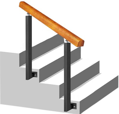 Holzhandlauf für 1 oder 3 Stufen, Außentreppengeländer, Übergangshandlauf, verstellbare 270°-Halterungen, Pfosten aus Schmiedeeisen, Handläufe für Veranda, Beton, Holztreppe(Farbe:Height 85cm,Size:130
