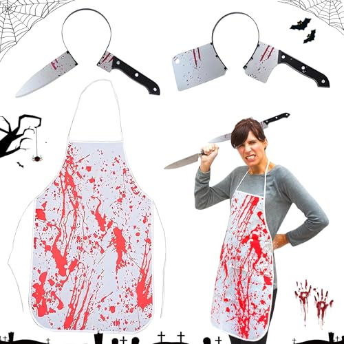 SUFANG Disfraz Halloween Hombre Diadema con cuchillo de Halloween y delantal ensangrentado diadema cuchillo Halloween delantal sangriento para Hombre Disfraz de Halloween Cosplay Fiesta