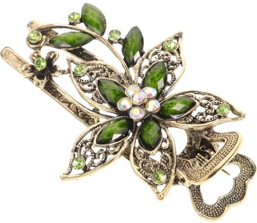 Ipetboom Vintage Green Flower Hair Clip Barrette Floral Hair Accessory with Crystal Detail Lightweight Clip for Women Wedding Party Church Summer Picnic and Daily Styling