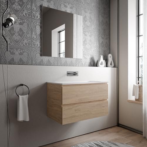 BERNSTEIN Badmöbel-Set Ava 80cm bestehend aus Mineralguss-Waschbecken mit Unterschrank in Eiche honiggold, Waschtisch CREAM - Weiß matt ohne Hahnloch, Ideal für mittelgroße Bäder und Badezimmer