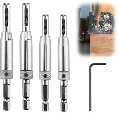 4Pcs Self Centering Drill Bit with Hex Keys L-Shaped 1/4 Self Centering Hinge Drill Bits Set Metric for Wood Door Window Cabinet Drawer Hinge Hole Punch Woodworking Tool 5/64, 7/64, 9/64, 11/64