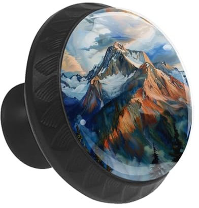 Anna Cowper Lot de 12 boutons de tiroir ronds à trou unique pour armoires et tiroirs de cuisine, peinture de montagne, 35 mm, noir