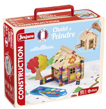 Chalet a Peindre 85 Pieces - JEUJURA - Jeu de Construction en Bois Naturel, Accessoires et Peinture Inclus, 26x24x9 cm