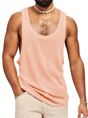 Runcati Débardeur sans manches pour homme - T-shirt muscle - Fitness - Gym - Entraînement - Sport - Maillot de corps pour homme - Coton - Bodybuilding - T-shirt ample, Rose, L