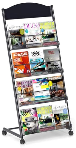 Tcatec Prospektständer Bodenstehender Zeitschriftenständer 4-stufiger Prospekthalter A4 zeitungsständer mit 4-Rädern Zeitungskataloghalter aus Stahl Informationsständer für öffentlichen Orten