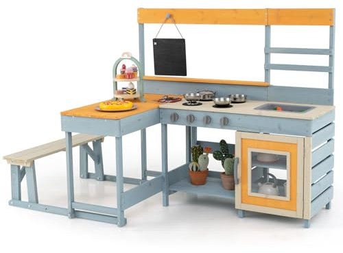 GYMAX Kids Mud Kitchen, Children Pretend Play Kitchen with Picnic Table, Bench, Blackboard, Stoves, Kitchenware & Dessert Accessories, Outdoor Wooden Toy Kitchen Set for 3+ Years Old