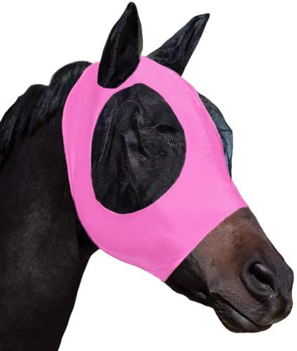HUAME Masque anti-mouches pour cheval avec oreilles, tissu extensible confortable avec protection UV, doux pour la peau, respirant, pour chevaux de petite et moyenne taille (rose, taille M (pour