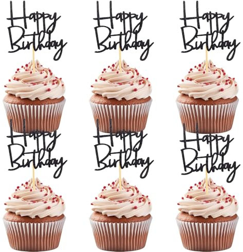 DazzJoy Schwarz Muffin Deko Happy Birthday,24 Stück Happy Birthday Cupcake Deko,Glitzer Happy Birthday Tortendeko,Kuchen Deko Geburtstag,9,8x5cm Cupcake Topper Geburtstag Deko Muffin