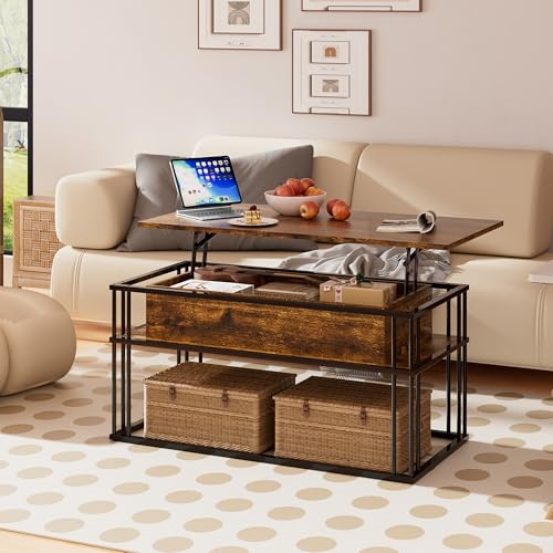 PURFINO Lift Top Coffee Table - Modern Square Tables, Stable Metal Frame & Hidden Storage, Centre Table for Living Room, Small Space, Home Office