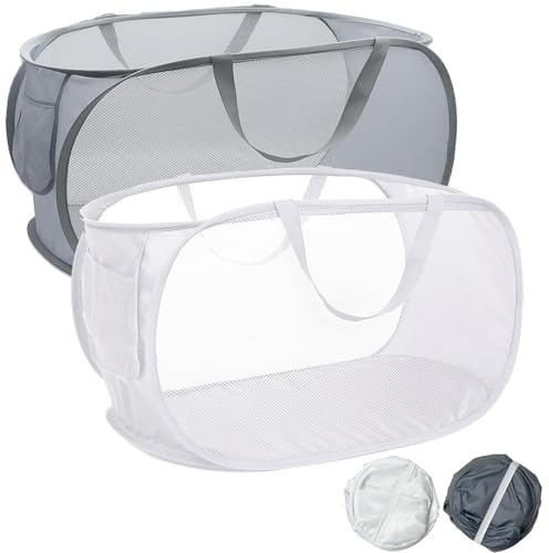 2 Pack Collapsible Laundry Baskets – Mesh Pop Up Laundry Basket Hamper with Reinforced Handles & Side Pocket, Foldable Clothes Basket for Bathroom, Bedroom, Dorm, Travel