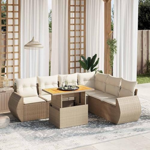 Qnhdfrt Garten Sofagarnitur 7 teilig Beige PE Rattan Lounge Set mit Kissen und höhenverstellbarem Tisch für Terrasse Garten und Balkon
